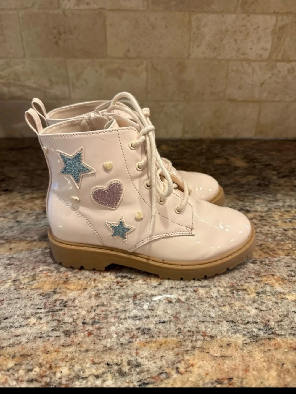 Girls Pink Glitter Heart & Star Lace-Up Boots